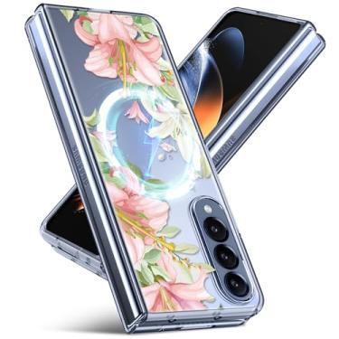 Imagem de JUNAUTTB Capa para Samsung Galaxy Z Fold4 5G compatível com magnético, design de padrão floral moderno transparente, bumper slim fit durável para meninas, capa de telefone feminina 19.3 cm, flor de