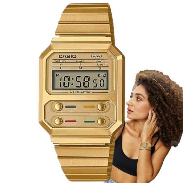 Imagem de Relógio de Pulso Casio Unissex Feminino Masculino Digital Vintage Quadrado Moderno Casual Dourado A100WEG-9ADF