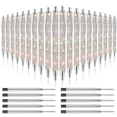 Imagem de ZSMKJIAYE 20 canetas esferográficas de metal com strass, canetas brilhantes a granel, chiques, brilhantes, diamante, prensa, tinta preta, retrátil, 0,7 mm, para mulheres, escritório, reuniões, artigos