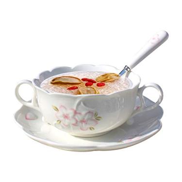 Imagem de YBK Tech Copo de café da manhã porcelana porcelana tigelas de sobremesa caneca de sopa com pires e colher (branco)