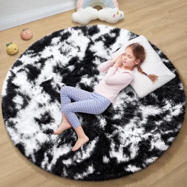 Imagem de EVOIONOS Tapete redondo preto e branco para quarto, tapete de área circular fofo 10 x 10 cm para quarto de meninas e crianças, tapete antiderrapante macio para quarto de bebê, tapete circular felpudo de pelúcia para sala de estar