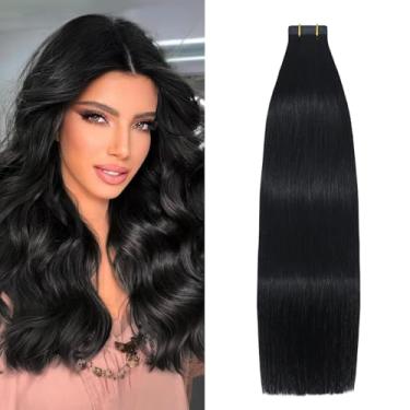 Imagem de Aison Extensões de cabelo humano com fita preta Jet Black 40,6 cm 30G fita invisível preta em extensões para mulheres 20 peças/pacote