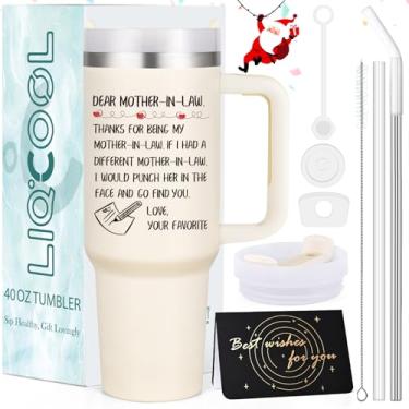 Imagem de LiqCool Presentes de Natal para sogra, copo de sogra de 1,134 g com alça, presentes para sogra da nora, melhores ideias de presentes engraçados para a sogra para aniversário, dia das mães (creme)