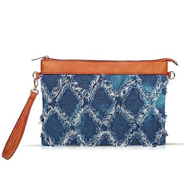 Imagem de Bolsas de mão para mulheres, pacote envelope de tecido jeans, bolsas de mão padrão xadrez boêmio, bolsas adequadas para praia, viagens, combinação diária, Azul