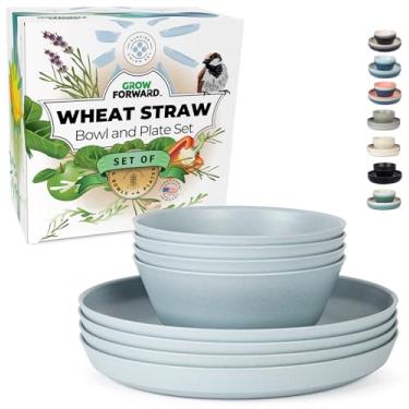 Imagem de Grow Forward Conjuntos de pratos e tigelas de palha de trigo premium - conjuntos de louça de palha de trigo de 8 peças - Pratos de jantar de plástico inquebráveis e reutilizáveis, seguros para