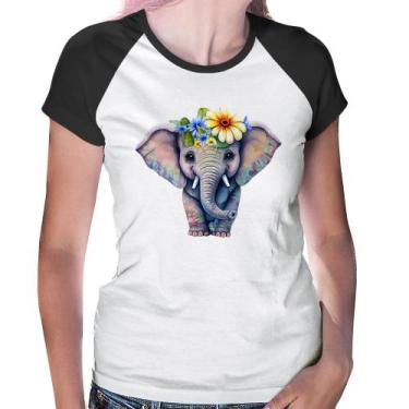 Imagem de Baby Look Raglan Elefante E Flores - Foca na Moda, Branco, Preto, G