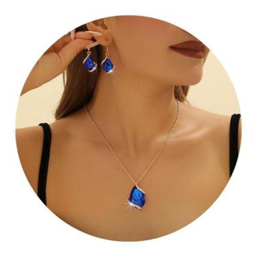 Imagem de Conjunto Colar e Brincos Pedras Strass Luxo Tendência Azul - anjo da m