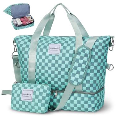 Imagem de WOOMADA Bolsa feminina de fim de semana, bolsa de viagem com compartimento para sapatos e bolso molhado, bolsa de itens pessoais para companhias aéreas, Xadrez turquesa, 16.1x9x15.7 inches