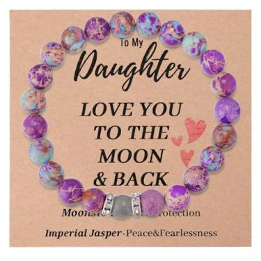Imagem de MIXJOY Presente de Dia das Mães para Minha Filha da Mãe - Love You to The Moon Pulseira de Jaspe Imperial Presente para Filha, Pulseira de Pedra da Lua, Joias de Aniversário da Filha Dia dos