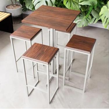 Imagem de Conjunto Mesa Alta Bar Bistrô Quadrada 4 Bancos Imbuia Industrial White