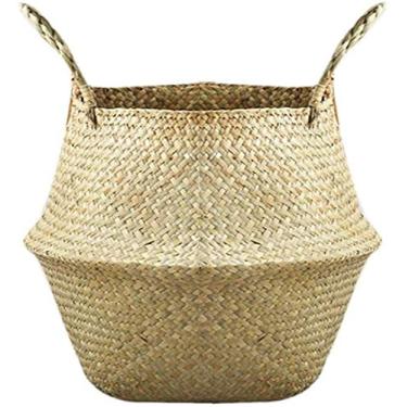 Imagem de Cesta de algas marinhas, cesta de palha de supermercado, cesta de barriga, vaso de plantas para armazenamento, lavanderia, piquenique, cobertura de vaso de plantas e bolsa de praia - M