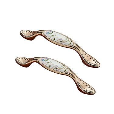 Imagem de Puxador de armário retrô padrão floral puxadores de armário de cerâmica puxadores de gaveta para porta de cozinha puxadores de móveis de guarda-roupa (ouro 1 96 mm)