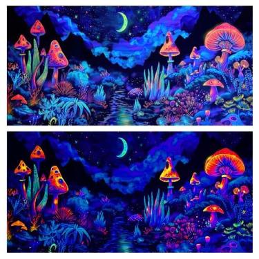 Imagem de 48 x 50 cm Cachoeira Fantasia Paisagem Montanha Luz Negra Fundo de Aquário, Fundo UV de Tanque de Peixes Planeta Terrário com 10 Fita Dupla Face EVA