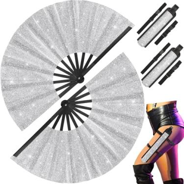 Imagem de Weysat 2 conjuntos de ventiladores grandes dobráveis para botas dançantes no chão, ventiladores com coldre de ventilador para mulheres e homens, ventilador de glitter com alça de perna e bolsa de