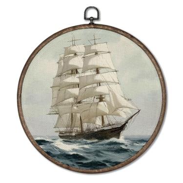 Imagem de Giosve Pôster emoldurado em tela redonda de veleiro náutico, esculturas de parede penduradas em barco à vela para decoração de casa, quarto, sala de estar, 25 x 25 cm