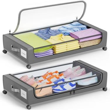 Imagem de Camkey 2 pacotes de armazenamento sob a cama com rodas – Gavetas de 60 L para roupas, sapatos e cobertores, caixas de tecido com armação de metal resistente com tampas, cinza