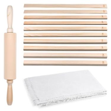 Imagem de Kit de ferramentas de argila de polímero de 12 peças inclui 1 rolo de cerâmica de madeira, 1 tapete de argila para toalha de mesa de linho, 10 guias de rolo de massa, 5 tamanhos