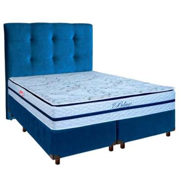 Imagem de Cama + Box Azul e Colchão Molas Ensacadas Queen - Blue Paropas + Cabec