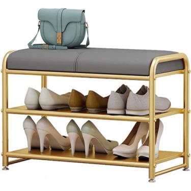 Imagem de Banquinho Para Sapatos | Mini Banco De Entrada | Banco Hall Com Armazenamento De Sapatos Para Espaço Pequeno | Banco Baixo Com Almofada | Moldura De Metal Dourado, Black, Small