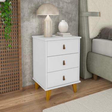 Imagem de Mesa de Cabeceira Grécia com 3 Gavetas e Puxadores de Couro (Branco)