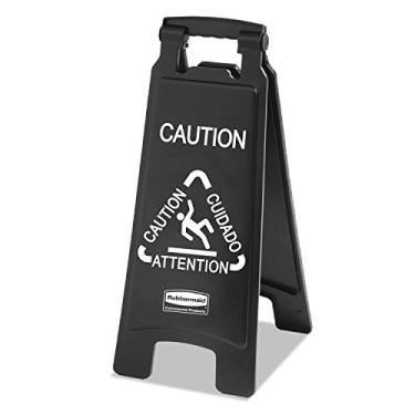 Imagem de (2-sided, Caution, Black) - Rubbermaid 6112 70cm Length x 60cm Height x 30cm Depth, Yellow Colour, Polypropylene Floor Safety Sign with Multi-Lingual Caution Imprint, 2-Sided