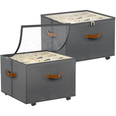 Imagem de Foyego Organizador de sapatos para armário, pacote com 2 organizadores de armazenamento de sapatos com rodas e divisórias ajustáveis, caixa empilhável de armazenamento de sapatos com capa transparente