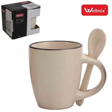 Imagem de Caneca de Porcelana com Colher Denny Collection  90ml  Branca - WELLMI