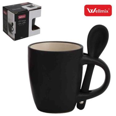 Imagem de Caneca de Porcelana com Colher Denny Collection  90ml  Preta - WELLMIX