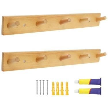 Imagem de kaimenhong 2 peças de cabide de madeira montado na parede, suporte de parede com 5 ganchos, cabide de entrada de madeira com cavilhas, para pendurar roupas, roupões, toalhas, chapéus, 44 x 9,9 x 5,6