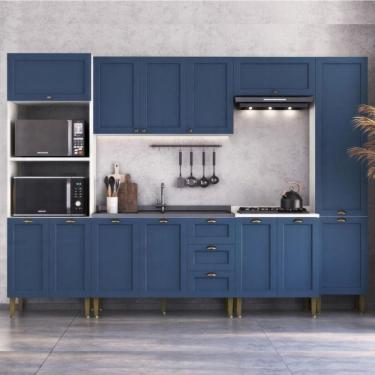 Imagem de Armário Cozinha Americana Modulada Completa 305cm Com Balcão Multimóveis Cr20496 Branco-Azul