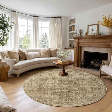 Imagem de FMFUNCTEX Tapete de área redondo lavável de 1,8 m, marrom, vintage, neutro, desgastado, antiderrapante, para sala de estar, quarto, macio, tapete interno, retrô, floral, para sala de jantar
