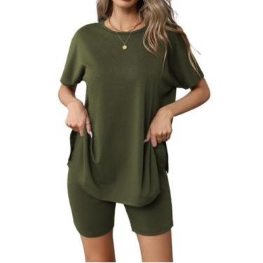 Imagem de Conjunto de pijamas femininos Ekouaer, manga curta, verde militar