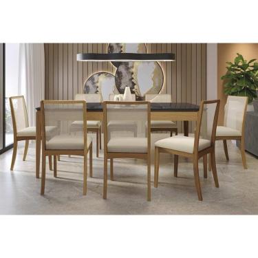 Imagem de Conjunto Sala de Jantar Mira Premium Madeira Maciça c/ Tampo Madeirado c/ Vidro 200x100cm e 8 Cadeiras Lara Carvalho/Preto - Linho Bege Argila-Kappesb