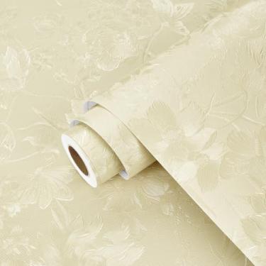 Imagem de Wallercity Papel de parede floral bege para bancadas à prova d'água folhas vintage papel de parede descascar e colar papel de contato de bancada de vinil para armários autoadesivo removível papel de