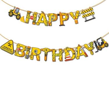 Imagem de Banner de construção feliz aniversário pano de fundo, veículos tráfego e sinal de estrada bandeira bandeira decorações de festa, placa de parada guindaste de torre escavadeira retroescavadeira
