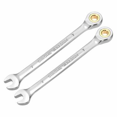 Imagem de HARFINGTON 2 chaves de catraca de 7 mm métrico 12 pontos CR-V aço cromado alongamento caixa dupla chave catraca de extremidade aberta com 72 dentes e chave inglesa de 5° para reparo