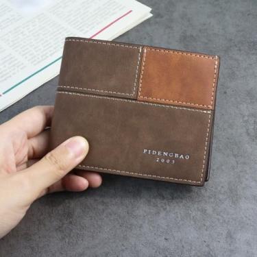 Imagem de Carteira moderna para homens, carteira dobrável fina e portátil com design de bloqueio de cor, bolsa masculina prática com 2 compartimentos para dinheiro, 1 bolso com zíper para uso diário, Café