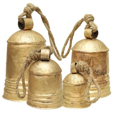 Imagem de Conjunto de 4 sinos de Natal de metal rústico grandes pendurados latão-ouro com corda de juta | Parede de fazenda, varanda e decoração de férias