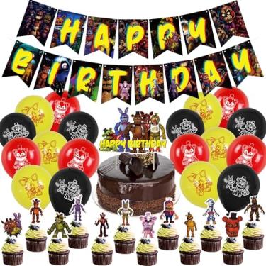 Imagem de Decorações de festa de aniversário Freddy's, decorações de 5 noites incluem banner, topos de bolo, balões para crianças chá de bebê suprimentos de festa de aniversário (preto)