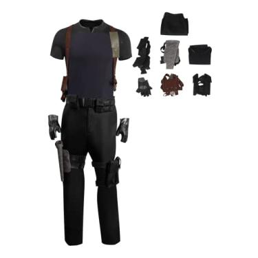 Imagem de Verycos Jaqueta masculina cosplay calça uniforme top cinto marrom coldre luvas fantasia de Halloween