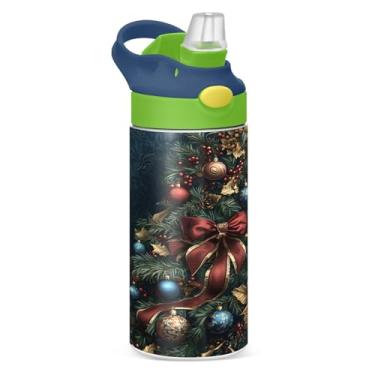 Imagem de YETTASBIN Garrafa de água de árvore de Natal para crianças, 340 g, à prova de vazamento, parede dupla, isolada, copo de viagem com tampa de canudo para meninas, meninos e crianças