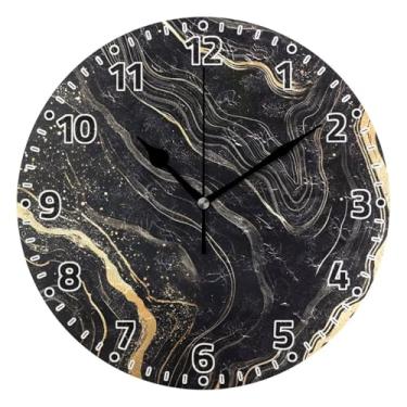 Imagem de WELLDAY Relógio de parede sem tique-taque 25 cm - Relógio redondo silencioso de quartzo operado por bateria de mármore preto dourado para casa/escritório/cozinha/sala de aula