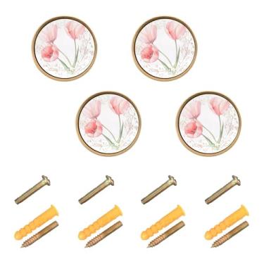 Imagem de Burbuja Maçanetas de armário de cozinha tulipas aquarela, pacote com 4, puxadores redondos de 3,5 cm, puxadores de cômoda com parafusos para cozinha, quarto, armários, armário