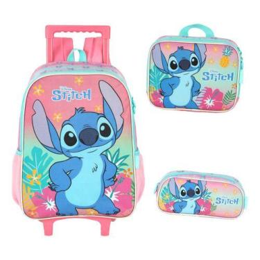 Imagem de Kit Mochila Rodinhas Costas Lancheira Estojo Stitch Angel - Luxcel, Ro