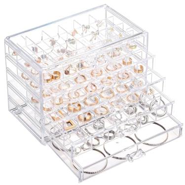 Imagem de Ewen Caixa organizadora grande de joias com 5 gavetas, caixas de armazenamento de joias de acrílico transparente de 24 grades com bandeja de joias vazia, estojo de exibição para anéis, colares