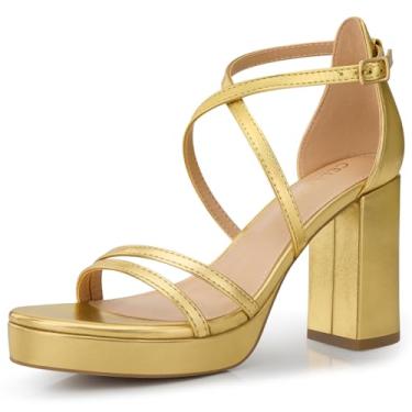Imagem de CELLENZ Salto plataforma feminino com tiras: sandálias de salto grosso de 8,3 cm, salto alto sexy confortável, para festa de formatura, casamento, preto, branco, prata, nude, sapatos elegantes