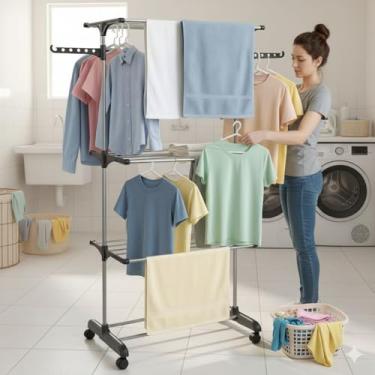 Imagem de Varal de Chão Regulável Dobrável com 3 Andares e Rodízios – Capacidade Ampliada para Roupas e Toalhas