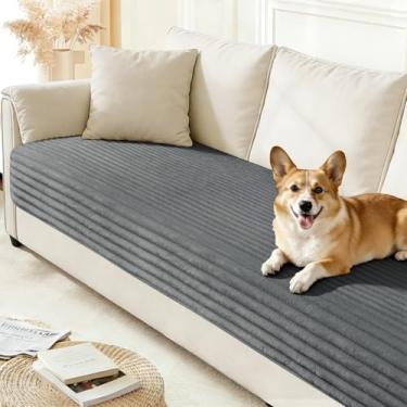 Imagem de Arfntevss Capas de sofá para sofá de 3 almofadas para animais de estimação, laváveis e laváveis para cães, 3 lugares, protetor de móveis antiderrapante (cinza carvão listrado, 90 cm x 180 cm)