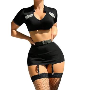 Imagem de RoseSeek Conjunto de fantasia feminina de 6 peças, gola V, colar, liga, lingerie, roupa de dormir, preto puro, GG