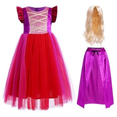 Imagem de IBTOM CASTLE Fantasia de Halloween infantil, meninas, manga voadora, veludo, tule, vestido de bruxa, manto com capuz, perucas, carnaval, festa de aniversário, fantasia de Halloween, roupa de fantasia